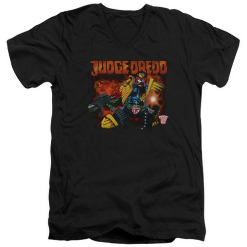 Trevco Judge Dredd-Through Fire Short Sleeve Adult V-Neck 30-1 Tee- Bl