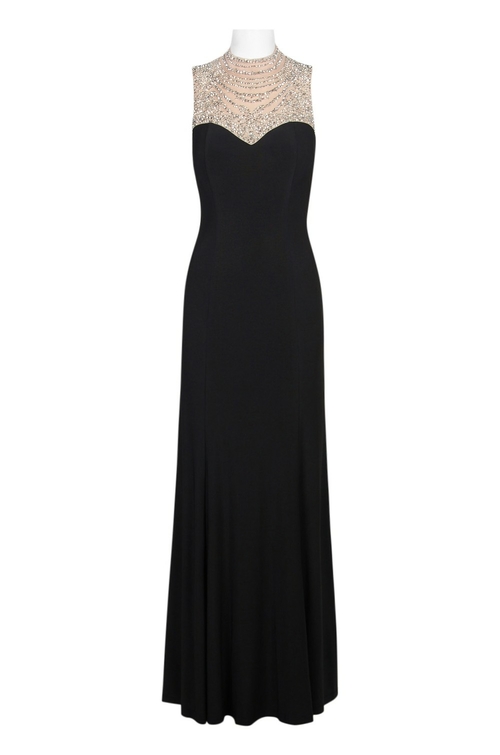Cachet High Neck Sleeveless Embellished Keyhole Back Jersey Dress