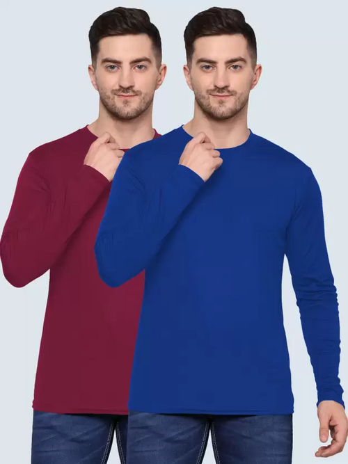 Men Solid Full Sleeves Round Neck Polyester Maroon, Blue T-Shirt Pack