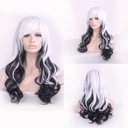 Anime Long Wavy White Black Ombre Wig Cosplay