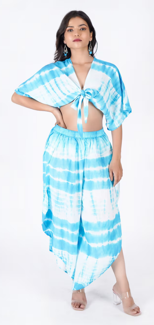 Women's Tie Dye Summer Two Piece Set Dress (Color Blue & White) (Size