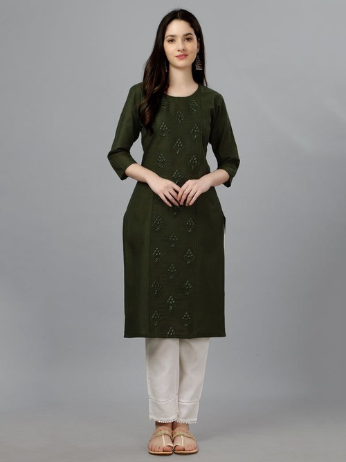 Women Embroidered Cotton Blend Formal Straight Kurti (Size-40)