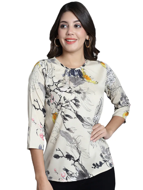 Women's Straight Round Neck Top(SizeM)(ColorCream )