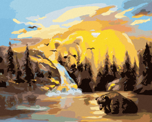 Zuty - Paint by Numbers - BEAR, WATERFALL AND SUNSET (D. RUSTY RUST),