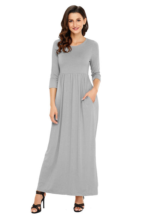 Grey Pocket Design 3/4 Sleeves Maxi Dress