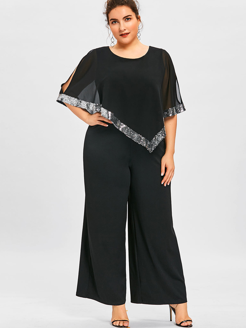  Plus Size 5XL Sequined Overlay Wide Leg