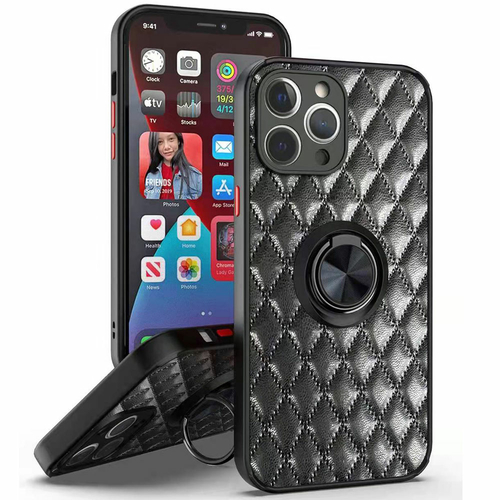 Quilted PU Leather Shockproof Ring Stand Case for iPhone 13 Pro Max