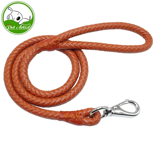 4ft Rolled Round Soft Leather Dog Leash Brown