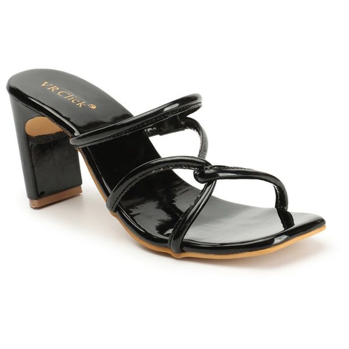 Open-Toe Chunky Heeled Slippers (Size-37) (Color-BLACK)