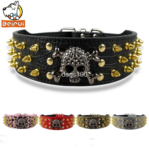 2" Width Gold Spikes Studded Leather Dog Collars