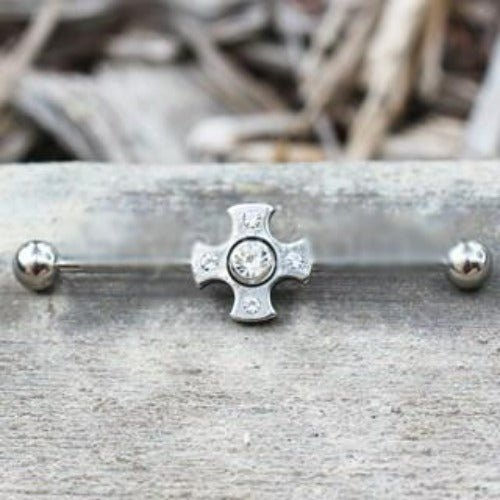 316L Stainless Steel Jeweled Medieval Cross Industrial Barbell