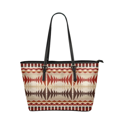 Large Leather Tote Shoulder Bag - Brown Aztec Illustration