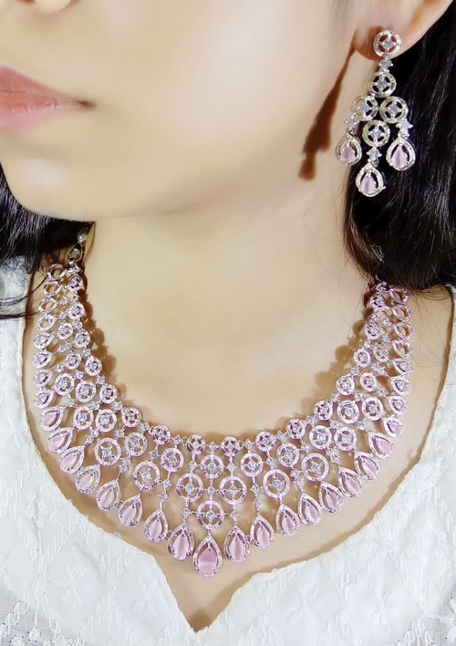 Artificial Multi Layer Pink Diamond Necklace Cz Stone Party Wear