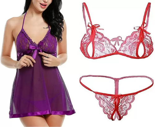 Women's Bra & Panty Set Self Design Purple, Red Lingerie Set (Size 40)