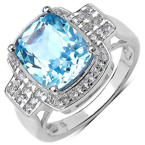 4.48 Carat Genuine Blue Topaz & White Topaz .925 Sterling Silver Ring