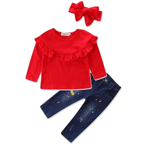 Toddler Girls Kids Ruffle Sleeve Tops Denim Pants