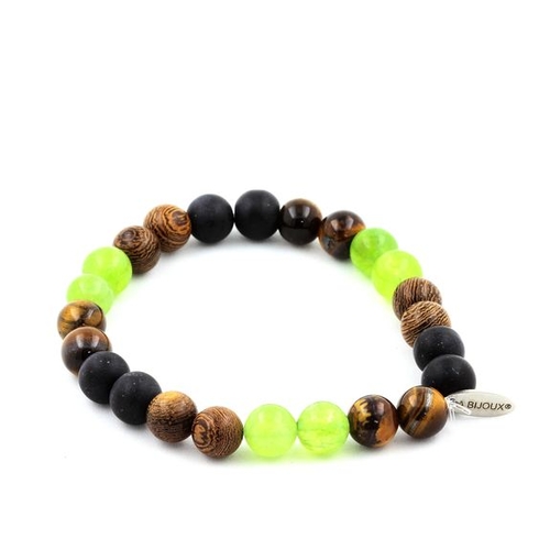 Peridot + Tiger's Eye + Matte Black Onyx + Wood Beads Bracelet 8 mm.