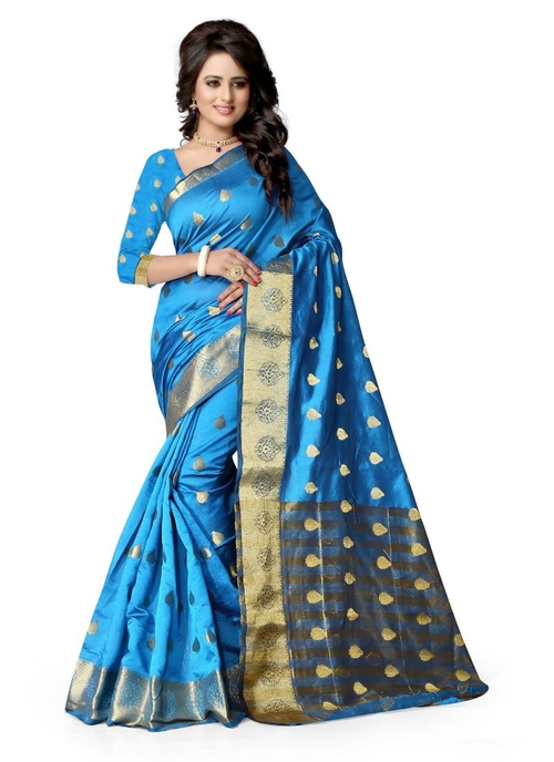 Generic Women's Cotton  Saree(Sky Blue, 5.5-6 Mtr)