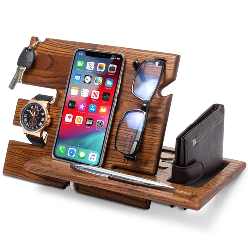 Wood Phone Docking Station Ash Key Holder Wallet Stand Watch Organizer