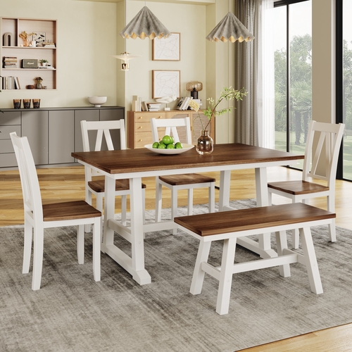 6-Piece Wood Dining Table Set Kitchen Table Set with Long Bench and 4