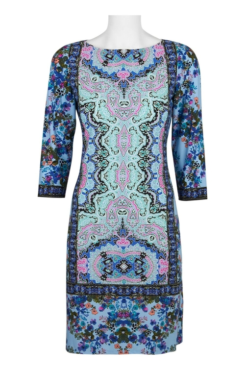 London Times Boat Neck 3/4 Sleeve Multi Print Jersey Dress