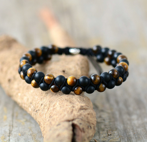 Men Bracelet Matte Onyx Tiger Eye Black Cord