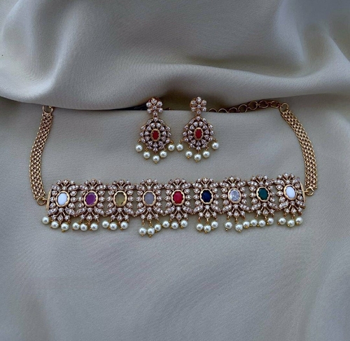 Gold plated cz matte finish necklace set Multicolor stone centre