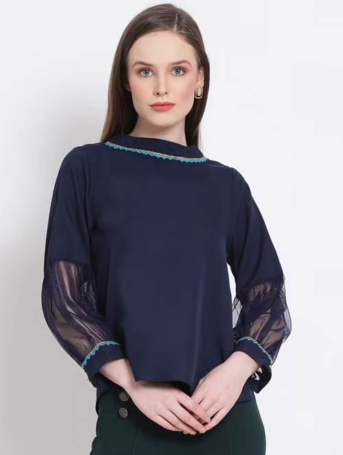 Women Trendy Straight Round Neck Top (Size-M) (Color-Navy Blue )