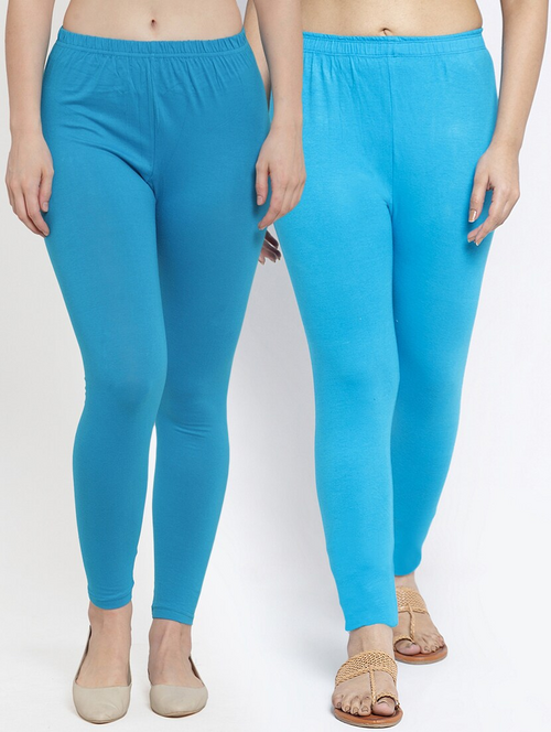 Women's Solid Ankle-Length Leggings (Pack of 2)(SizeM)(ColorBlue)