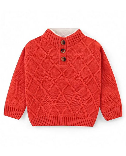 Knitted Full Sleeves Pullover Cable Knit Henley Sweater - Red