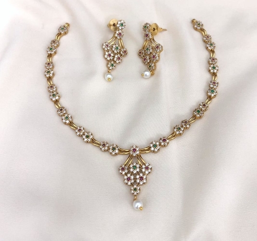 Mini Floral gold plated cz matte finish necklace set