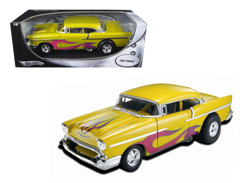 1957 Chevrolet Drag Car Yellow With Flames 1/18 Diecast Car Model by