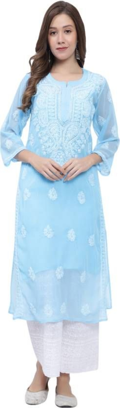 Women Chikan Embroidery Below knee length Georgette A-line Kurta