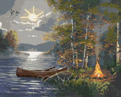 Paint by Numbers - KAYAK ON A LAKE AND A BONFIRE UNDER A FULL MOON