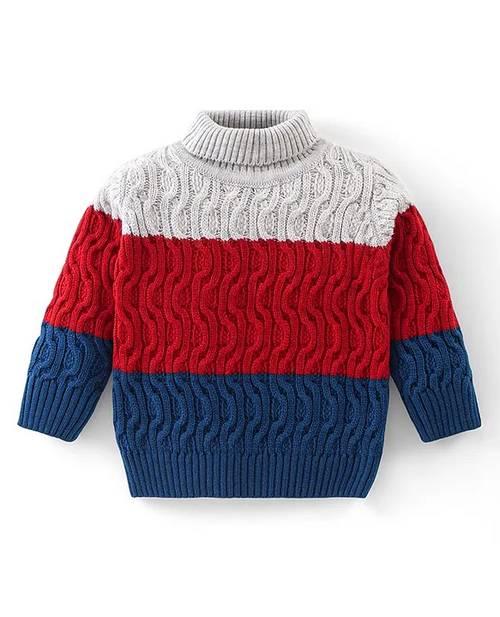 Knitted Full Sleeves Turtle Neck Pullovers Sweater With Colour Block