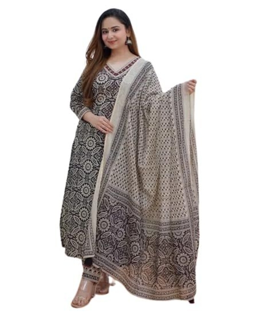 Godhani Women Pure Cotton Gown Pant Dupatta Set Attractive Afghani