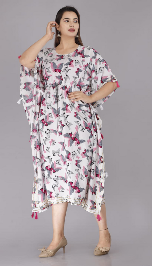 Women White Crepe printed kaftan size XL