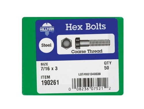 Hillman 190261 0.437 x 3 in. Zinc Plated Hex Head Bolt Grade