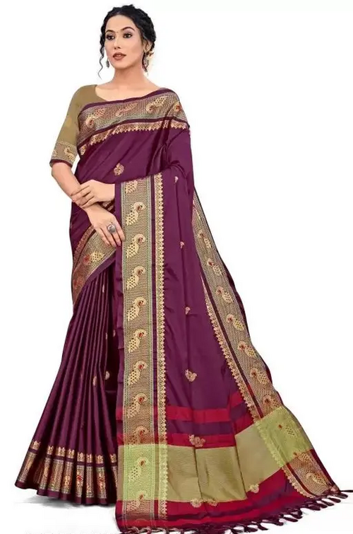 Women's Traditional Paithani Cotton Silk Saree With Blouse Pieces (