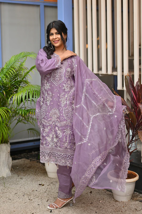 Full Stitched Purple Pakistani Salwar Kameez Heavy Organza With