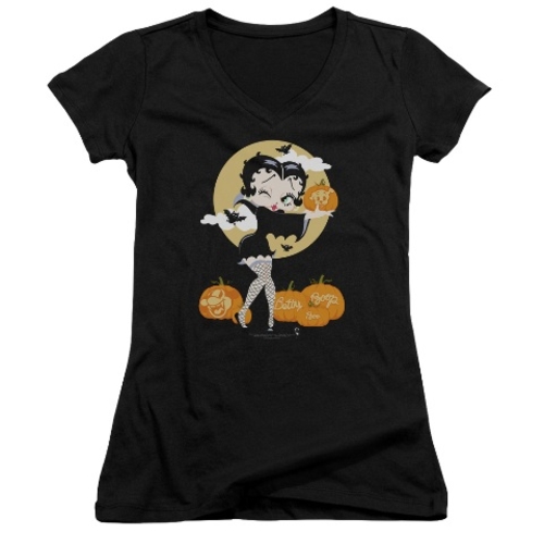 Trevco Betty Boop-Vamp Pumkins - Junior V-Neck Tee - Black, Large