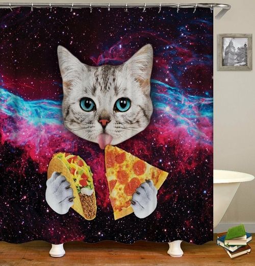 Cat Licks Pizza And Taco Shower Curtain