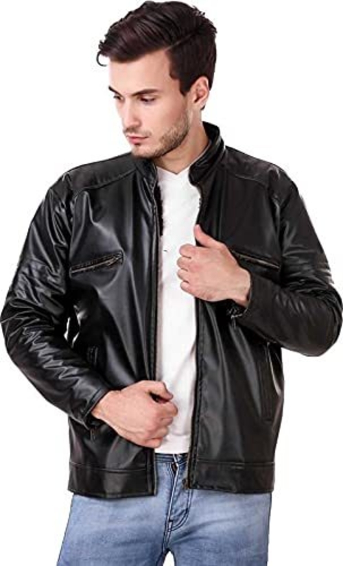 Men's Solid Full Sleeve Faux Leather Regular Jacket (Size-S)