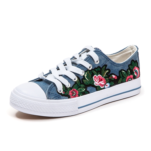 Low Top Sneaker Shoes with Embroidery, Blue - Size 7
