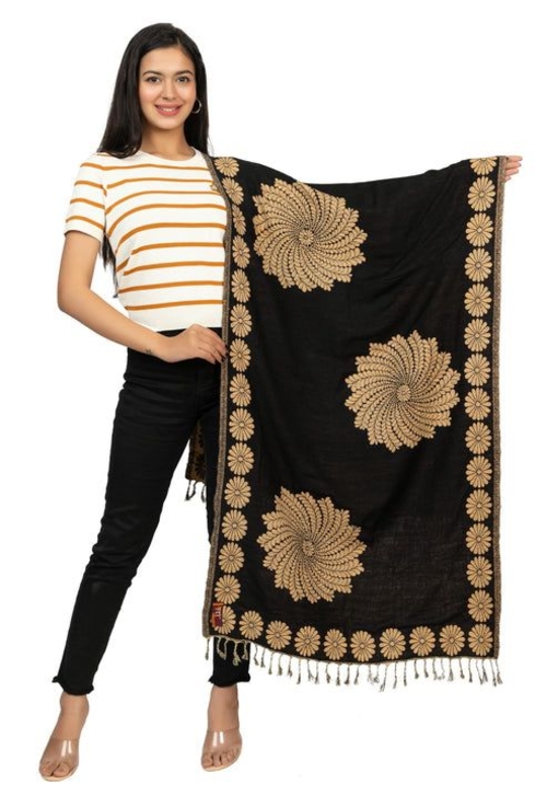 Floral Border Black Camel Viscose Stole For Women
