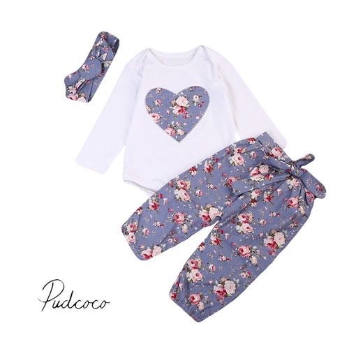 Pretty Heart Floral 3Pcs Infant Kid Baby Girl