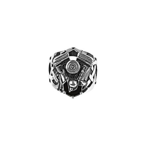 Oxidized Stainless Steel Ring with Large Engine Look, Black - 11 i