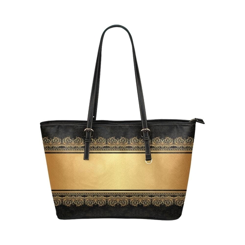 Large Leather Tote Shoulder Bag - Black and Gold Vintage Print