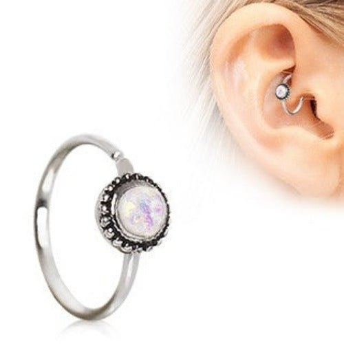 316L Stainless Steel White Synthetic Opal Ornate Cartilage Hoop