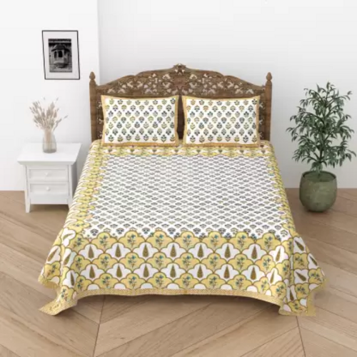244 TC Cotton Double Floral Flat Bedsheet  (Pack of 1, Yellow asapala)